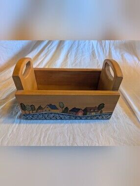 2/60$ Vintage Painted Village Wooden Organizer in Brown and Blue